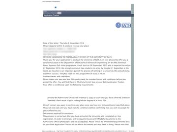恭喜陳同學(xué)成功申請(qǐng)到巴斯大學(xué)電子與電氣工程碩士專業(yè) - 優(yōu)越教育