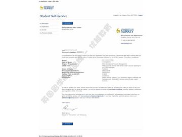 恭喜張同學獲薩里大學國際旅游管理專業(yè)碩士通知書 