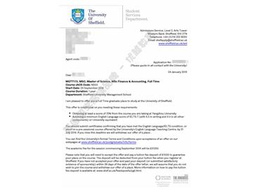 恭喜吳同學獲得謝菲爾德大學金融與會計專業(yè)碩士通知書