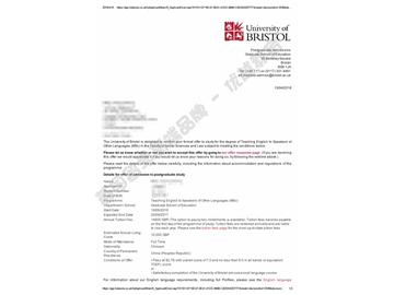 恭喜齊同學獲得布里斯托大學對外英語教學專業(yè)碩士通知書