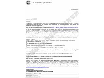恭喜陳同學獲得愛丁堡大學景觀建筑專業(yè)碩士通知書