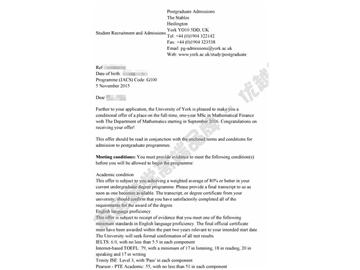 恭喜于同學獲得約克大學數(shù)學金融專業(yè)碩士通知書