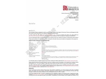 恭喜齊同學獲得布里斯托大學經濟金融與管理學專業(yè)碩士通知書