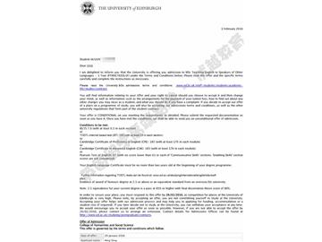 恭喜方同學(xué)獲得愛丁堡大學(xué)對(duì)外英語教學(xué)專業(yè)碩士通知書