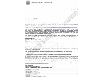 恭喜金同學(xué)獲得愛丁堡大學(xué)計算機科學(xué)專業(yè)碩士通知書
