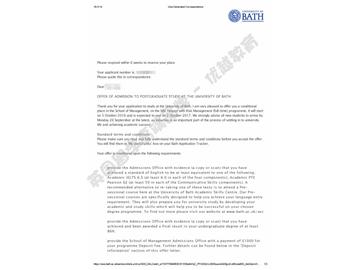 恭喜吳同學獲得巴斯大學金融與風險管理專業(yè)碩士通知書