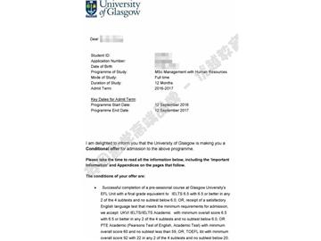 恭喜劉同學獲得格拉斯哥大學人力資源管理專業(yè)碩士通知書