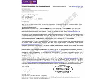  恭喜錢同學獲得曼徹斯特大學法律專業(yè)碩士通知書