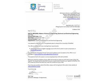 恭喜吳同學獲得謝菲爾德大學電子電氣工程專業(yè)碩士通知書