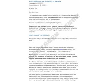 恭喜包同學獲得華威大學管理學專業(yè)本科通知書
