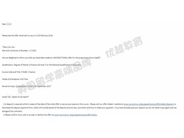 恭喜張同學(xué)獲得華威大學(xué)金融學(xué)專業(yè)碩士通知書