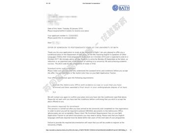 恭喜華同學獲得巴斯大學對外英語教學專業(yè)碩士通知書