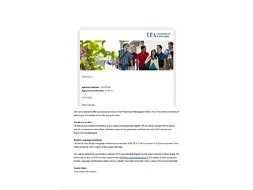 恭喜丁同學獲得東英格利亞大學金融與管理專業(yè)碩士通知書