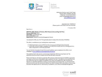 恭喜方同學獲得謝菲爾德大學金融與會計專業(yè)碩士通知書