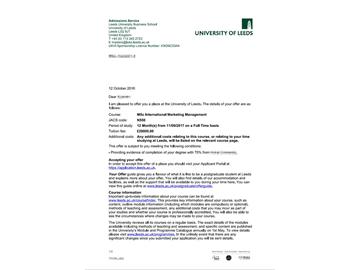 恭喜朱同學獲得利茲大學國際營銷管理專業(yè)碩士通知書