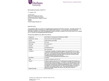 恭喜黃同學獲得杜倫大學國防、發(fā)展與外交專業(yè)碩士通知書