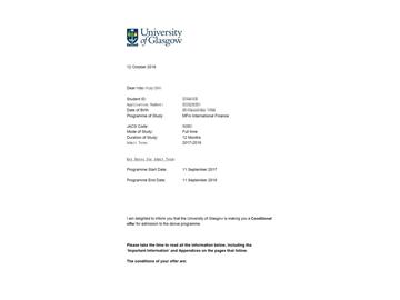 恭喜錢同學獲得格拉斯哥大學國際金融專業(yè)碩士通知書