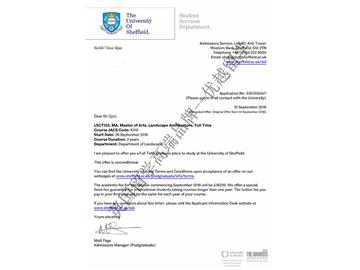 恭喜丁同學獲得謝菲爾德大學景觀建筑專業(yè)碩士通知書