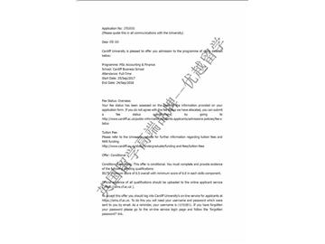 恭喜蘇同學獲得卡迪夫大學會計與金融專業(yè)碩士通知書