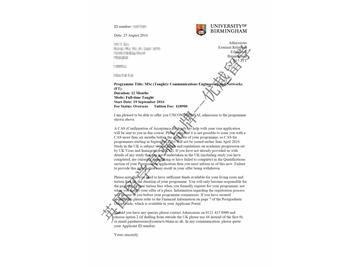 恭喜吳同學獲得伯明翰大學通信工程與網(wǎng)絡專業(yè)碩士通知書