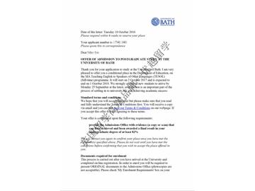 恭喜馮同學(xué)獲得巴斯大學(xué)對外英語教學(xué)專業(yè)碩士通知書