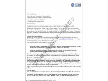 恭喜丁同學(xué)獲得巴斯大學(xué)市場營銷專業(yè)碩士通知書
