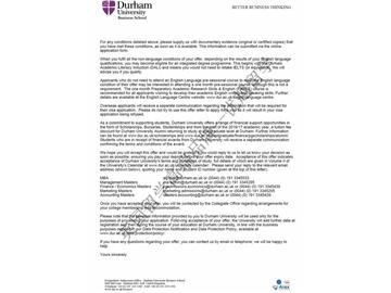 恭喜孫同學(xué)獲得杜倫大學(xué)會計與金融專業(yè)碩士通知書