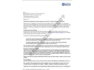 恭喜吳同學(xué)獲得巴斯大學(xué)金融專業(yè)碩士通知書
