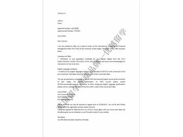 恭喜劉同學(xué)獲得東英格利亞大學(xué)國際會計(jì)與金融管理專業(yè)碩士通知書