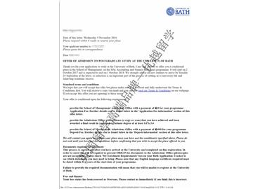 恭喜姚同學(xué)獲得巴斯大學(xué)會計與金融專業(yè)碩士通知書