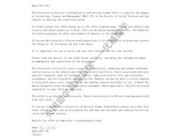 恭喜江同學(xué)獲得布里斯托大學(xué)會(huì)計(jì)、金融與管理專業(yè)碩士通知書(shū)