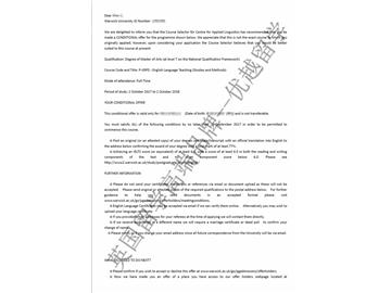 恭喜謝同學(xué)獲得華威大學(xué)英語語言教育專業(yè)碩士通知書