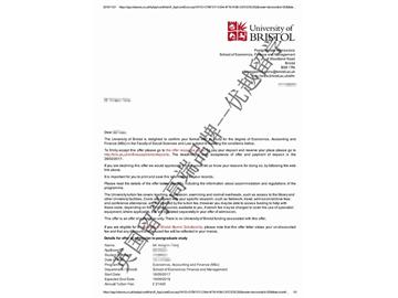 恭喜吳同學(xué)獲得布里斯托大學(xué)經(jīng)濟(jì)、會計與金融專業(yè)碩士通知書
