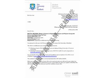 恭喜楊同學(xué)獲得謝菲爾德大學(xué)高分子與高分子復(fù)合材料工程專業(yè)碩士通知書