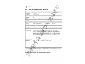恭喜許同學(xué)獲得諾丁漢大學(xué)電子通信與計(jì)算機(jī)工程專業(yè)碩士通知書