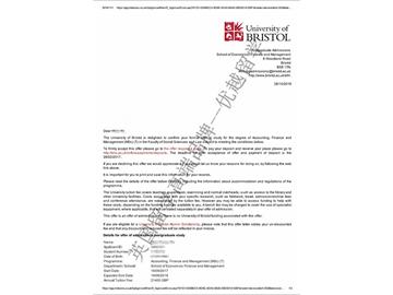 恭喜薛同學(xué)獲得布里斯托大學(xué)會(huì)計(jì)、金融與管理專(zhuān)業(yè)碩士通知書(shū)