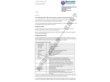 恭喜金同學獲得紐卡斯爾大學通信與信號處理專業(yè)碩士通知書