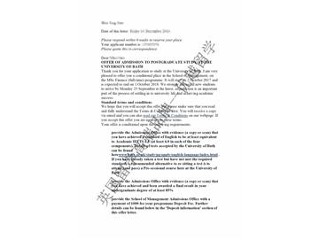 恭喜陳同學獲得巴斯大學金融專業(yè)碩士通知書