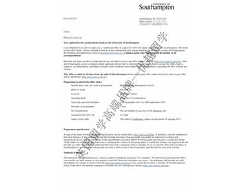 恭喜朱同學獲得南安普頓大學營銷管理專業(yè)碩士通知書