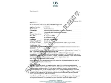 恭喜張同學(xué)獲得蘇塞克斯大學(xué)國際會計與企業(yè)管理專業(yè)碩士通知書