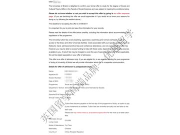 恭喜方同學(xué)獲得布里斯托大學(xué)社會與文化理論專業(yè)碩士通知書