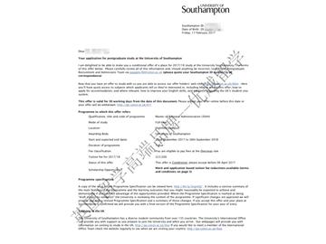 恭喜蔣同學(xué)獲得南安普頓大學(xué)工商管理碩士通知書