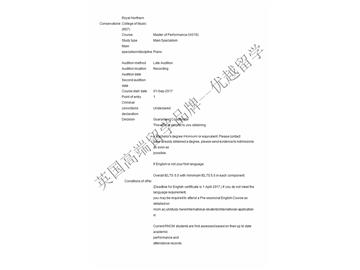 恭喜丁同學(xué)獲得皇家北方音樂(lè)學(xué)院表演藝術(shù)專業(yè)碩士通知書(shū)