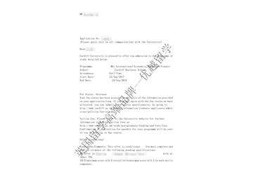 恭喜章同學(xué)獲得卡迪夫大學(xué)國際經(jīng)濟、銀行與金融專業(yè)碩士通知書
