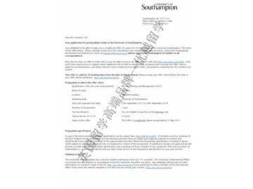 恭喜丁同學(xué)獲得南安普頓大學(xué)會計與管理專業(yè)碩士通知書