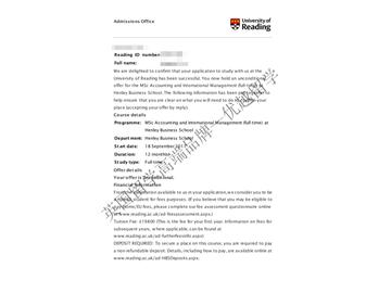 恭喜奚同學(xué)獲得雷丁大學(xué)會計與國際管理專業(yè)碩士通知書