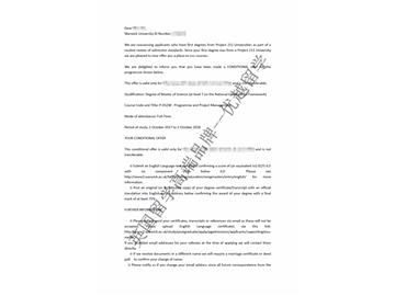 恭喜韓同學(xué)獲得華威大學(xué)項目工程管理專業(yè)碩士通知書