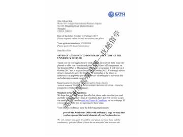 恭喜丁同學獲得巴斯大學管理學專業(yè)博士通知書