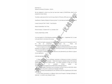 恭喜丁同學獲得華威大學食品安全專業(yè)碩士通知書