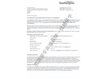 恭喜吳同學獲得南安普頓大學廣告設(shè)計管理專業(yè)碩士通知書